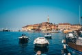 Wonderful romantic old town at Adriatic sea. Boats and yachts in harbor at magical summer. Rovinj. Istria. Croatia. Europe. Royalty Free Stock Photo